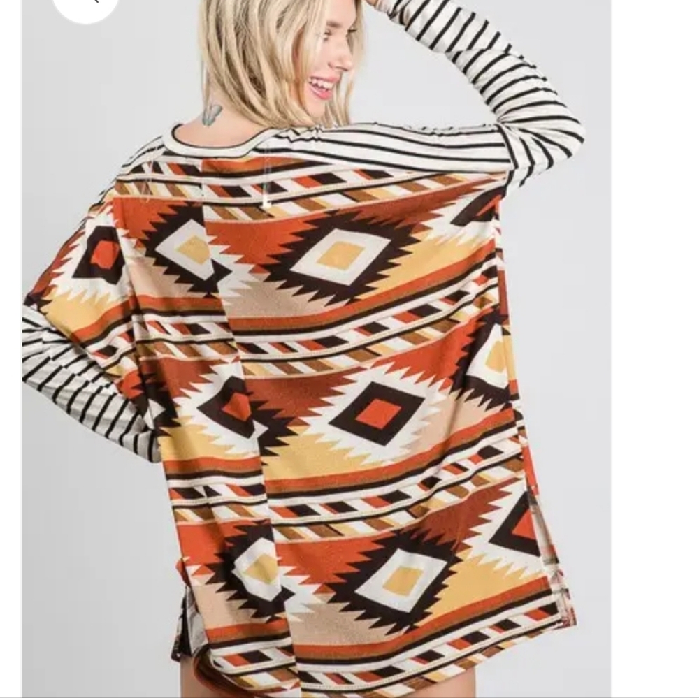 Jane By Jane Tribal Print Oversized Aztec Striped Top Sz XL - Picture 3 of 6